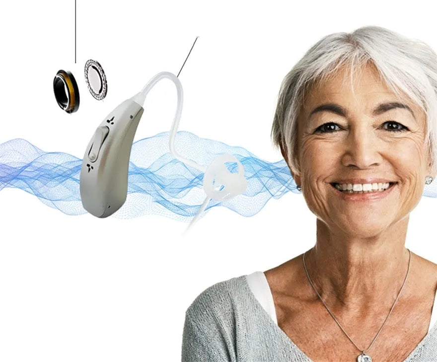Wireless invisible hearing aid with USB charging case showing three listening mode indicators