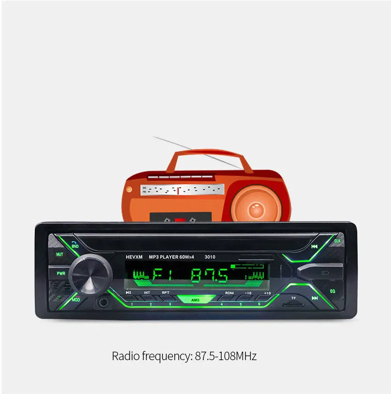 Single DIN car radio with LCD display, rotary volume knob, USB and TF card slots
