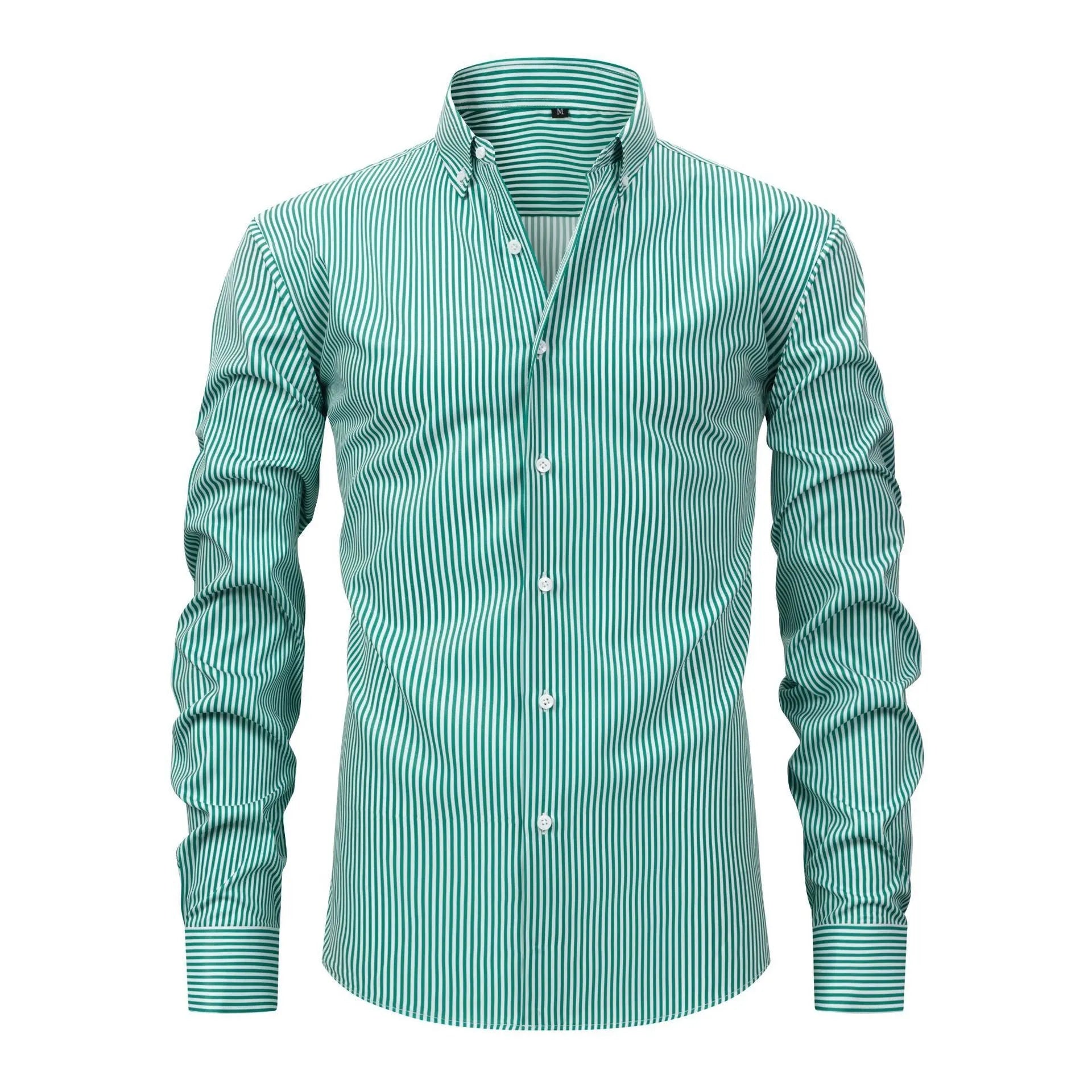 Man wearing a striped non-iron business casual shirt with a lapel collar.