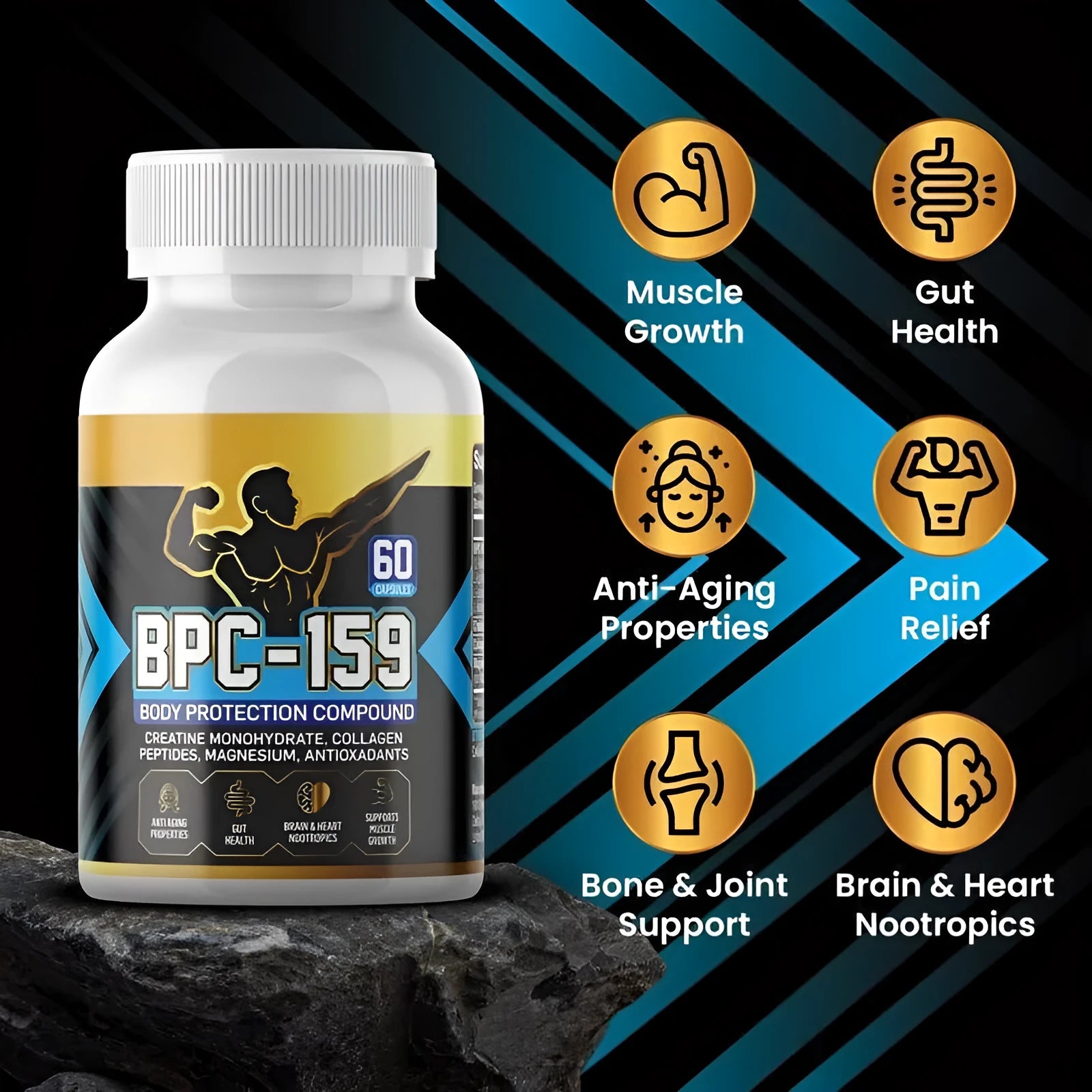 Bottle of body supplements capsules for energy support