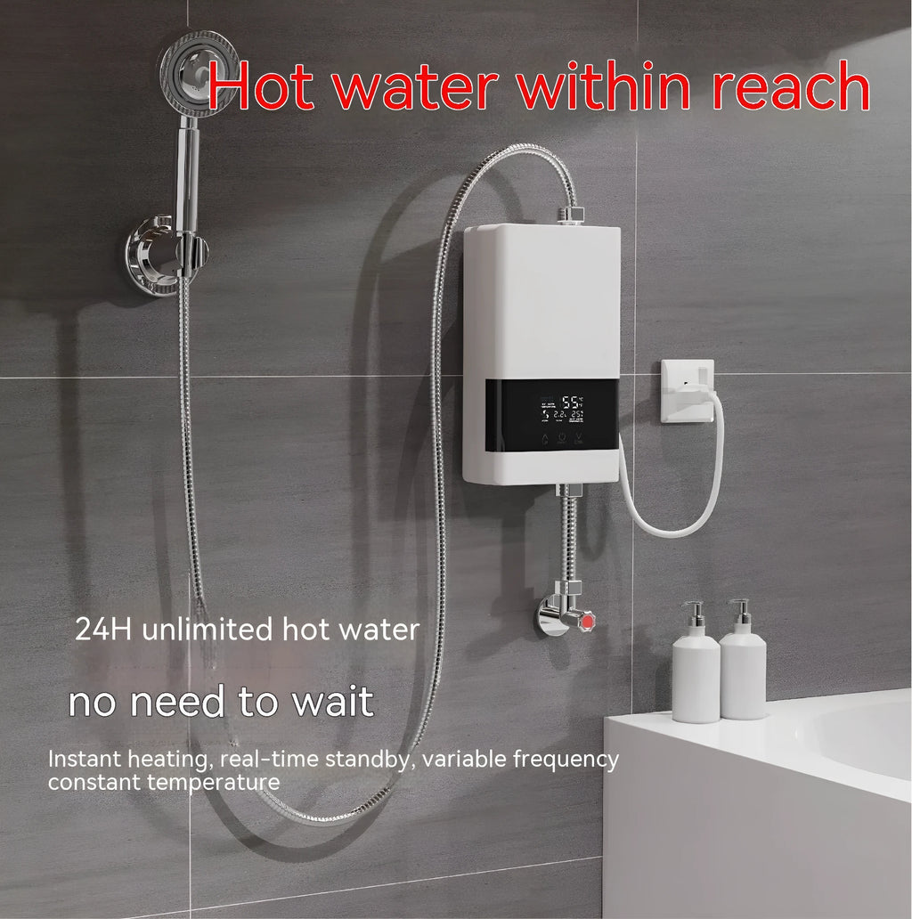 Wall-mounted instant electric water heater with LED touch screen display in a choice of colours.
