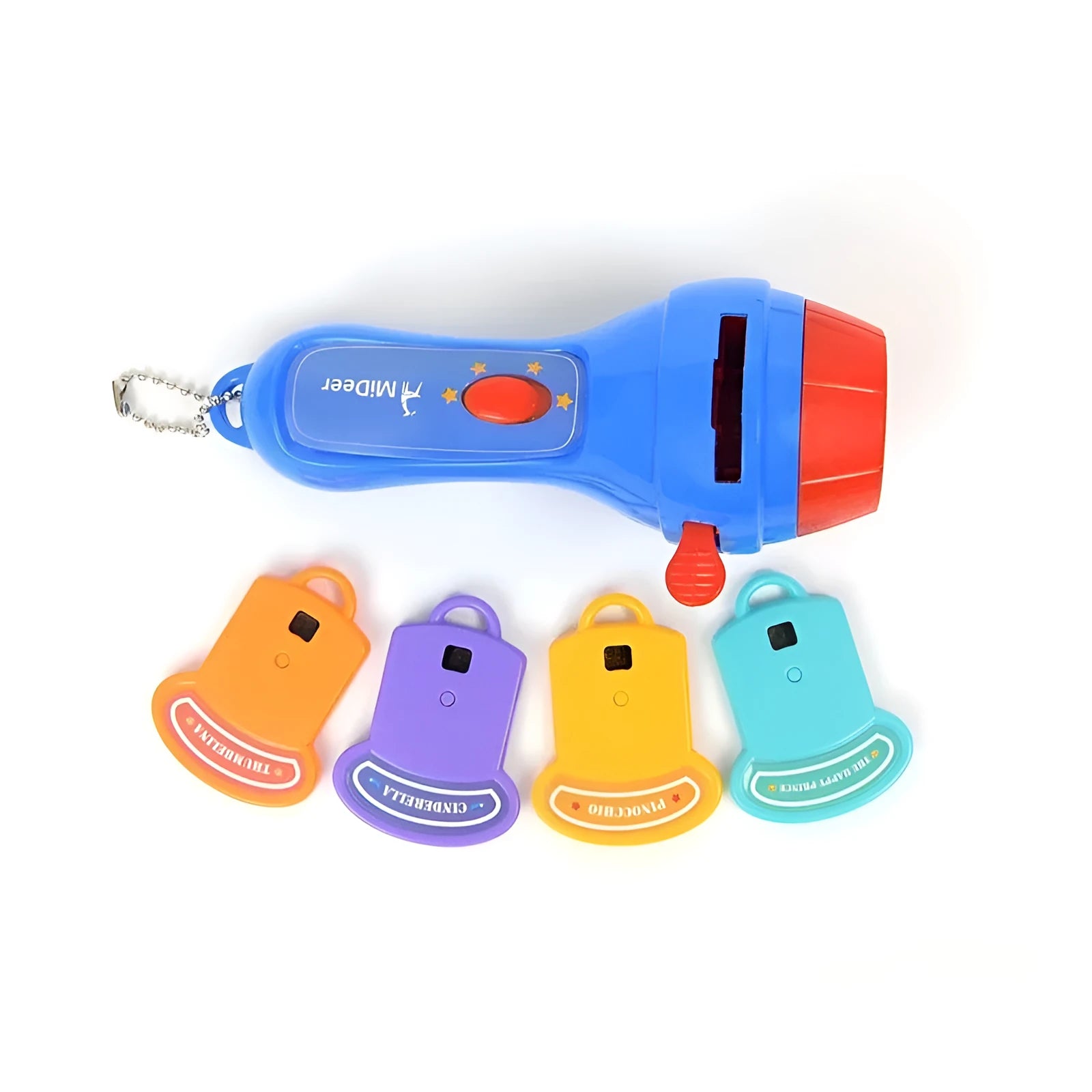 SmartKids story projector torch with four projection discs showing fairy tale images on bedroom wall