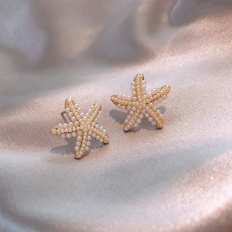 Korean-style pineapple starfish pearl earrings in gold, silver, pearl flower, and starfish pearl electroplated alloy.