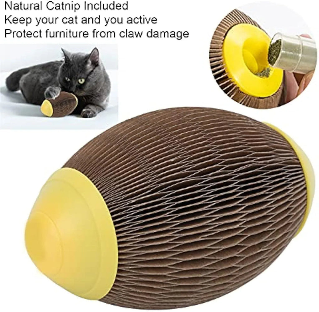 Elliptical catnip ball toy made from recycled corrugated paper with scratch football design