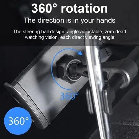 Black universal car phone and tablet holder mounted on a car rear seat base.