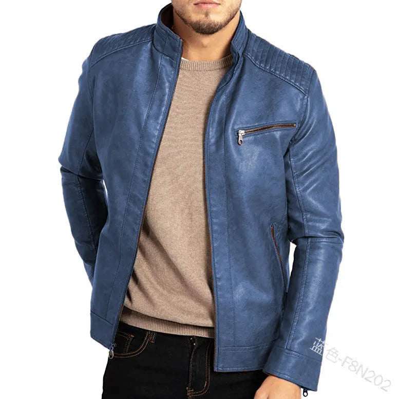 Men's black artificial leather punk motorcycle jacket with a stand collar and patch pocket.