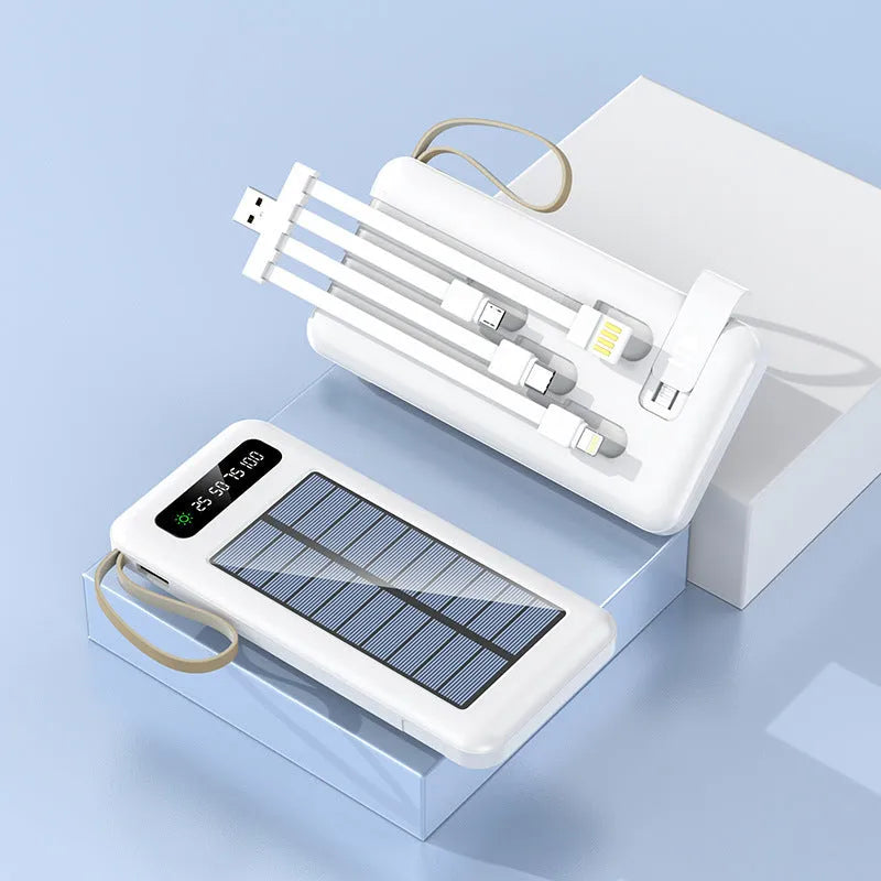 Solar power bank in black or white with charging cable, showing front panel and side dimensions