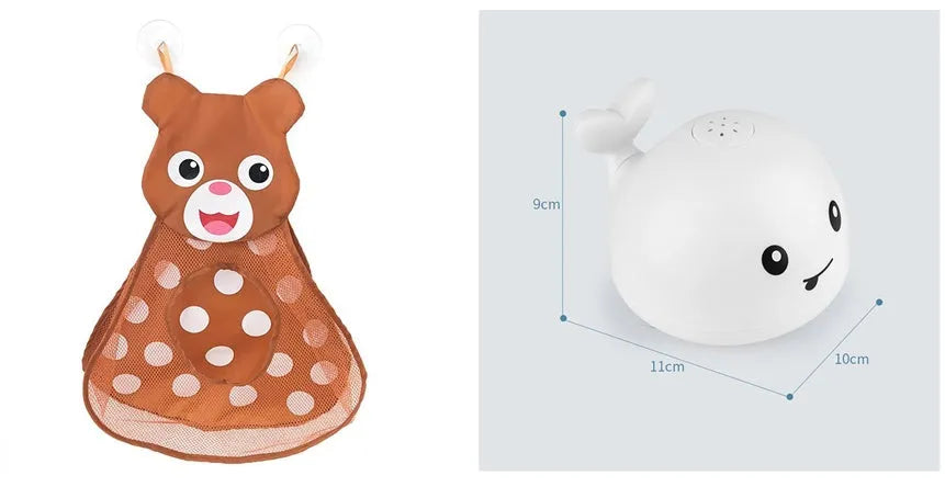 Electric whale-shaped baby bath toy with water spray, LED lights, and automatic water sensor
