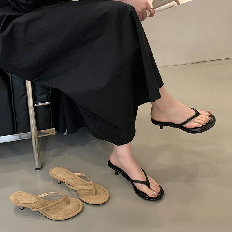 Women's rubber flip-flop sandals with stiletto heel in sheepskin camel colour showing round toe open design