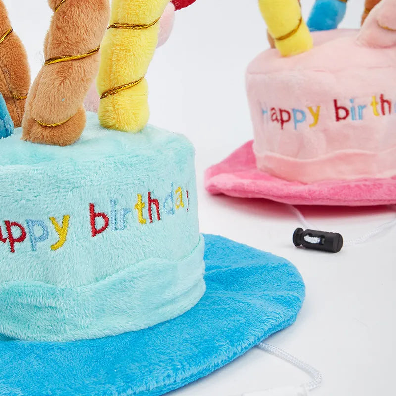 Blue or pink felt dog birthday hat for small to medium sized dogs, approximately 21cm by 15cm