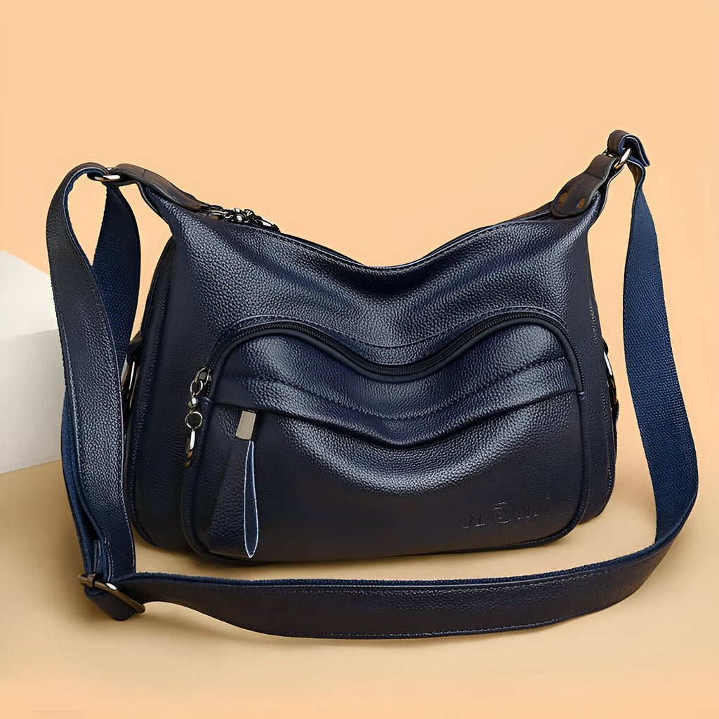 Large blue or black horizontal square women's PU shoulder bag with a zipper and soft handle.