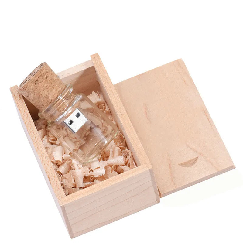 Chocolate brown wooden USB flash drive with drift bottle design showing custom engraving option