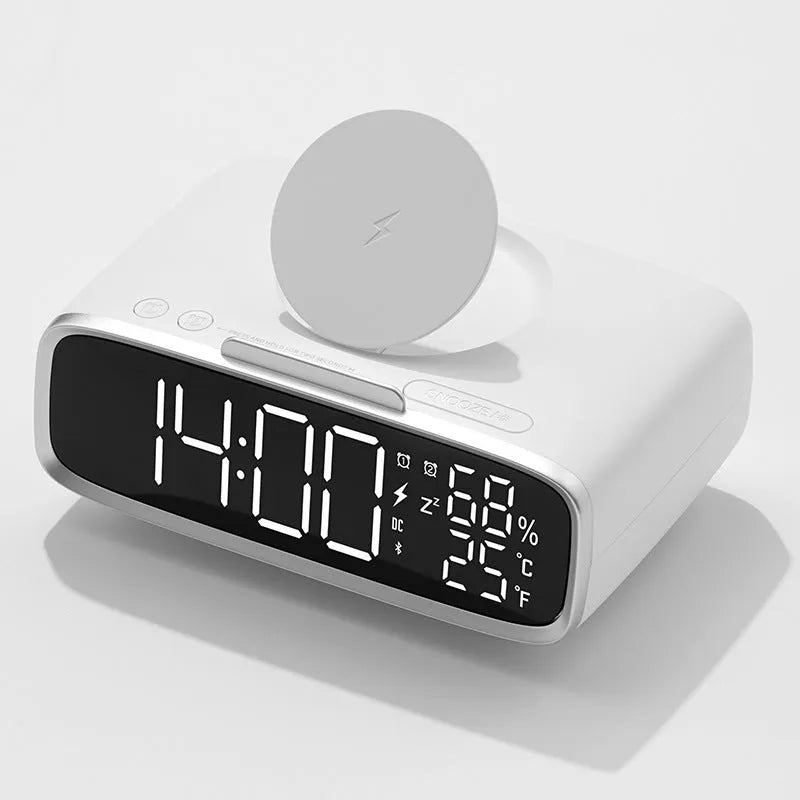 White wireless charger Bluetooth speaker with night light function on wooden surface