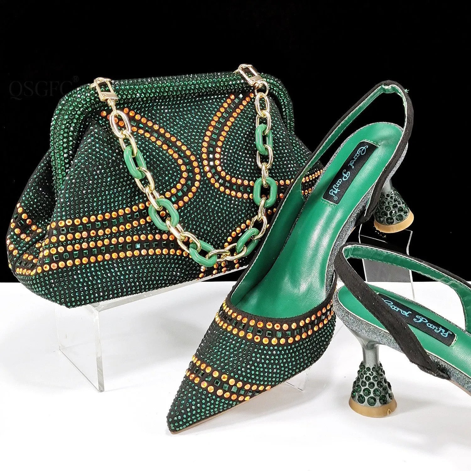 Women's pointed toe high heels with matching small bag, shown in a selected colour with a wine glass heel and rhinestone detail.