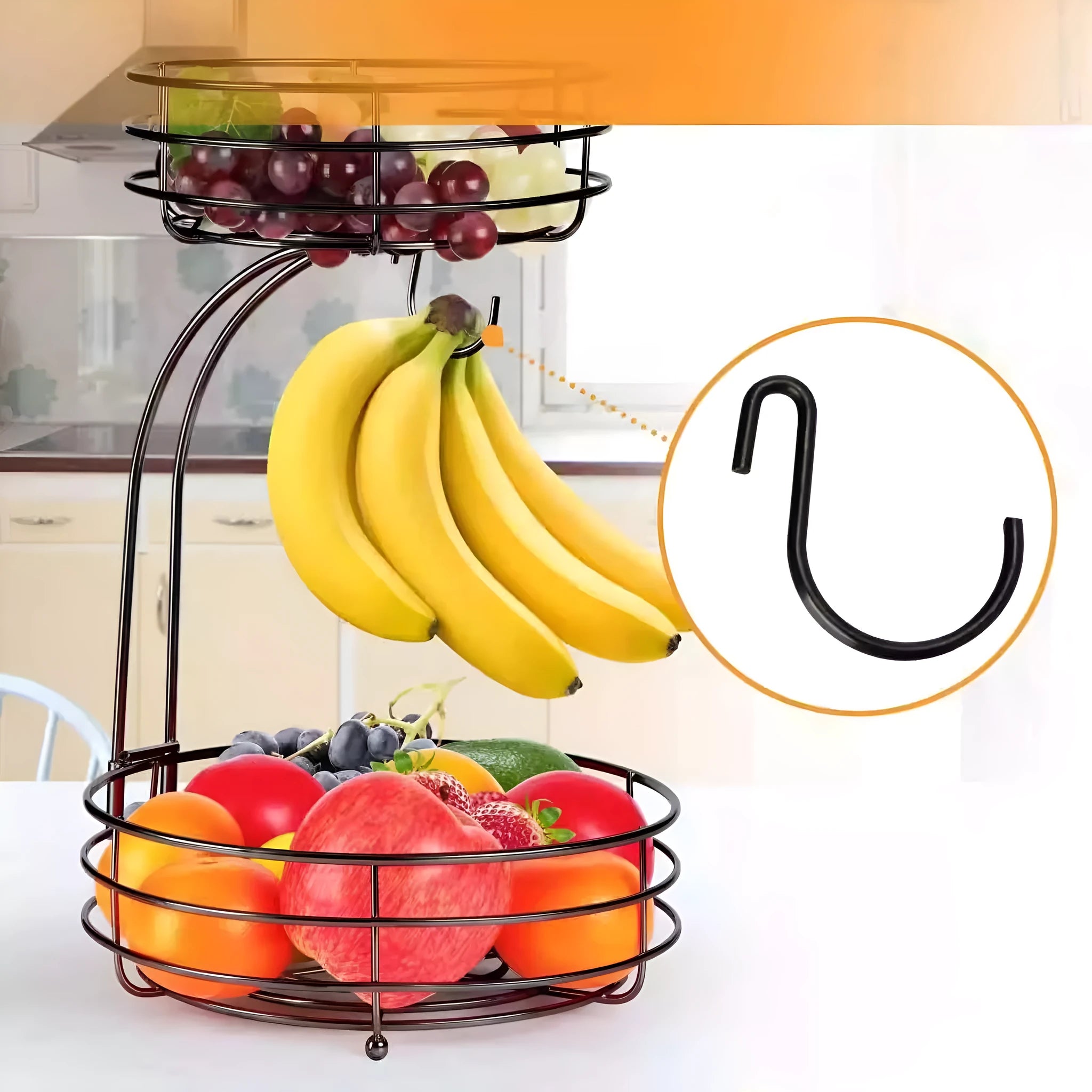 Black wrought iron double-layer fruit basket with open metalwork design