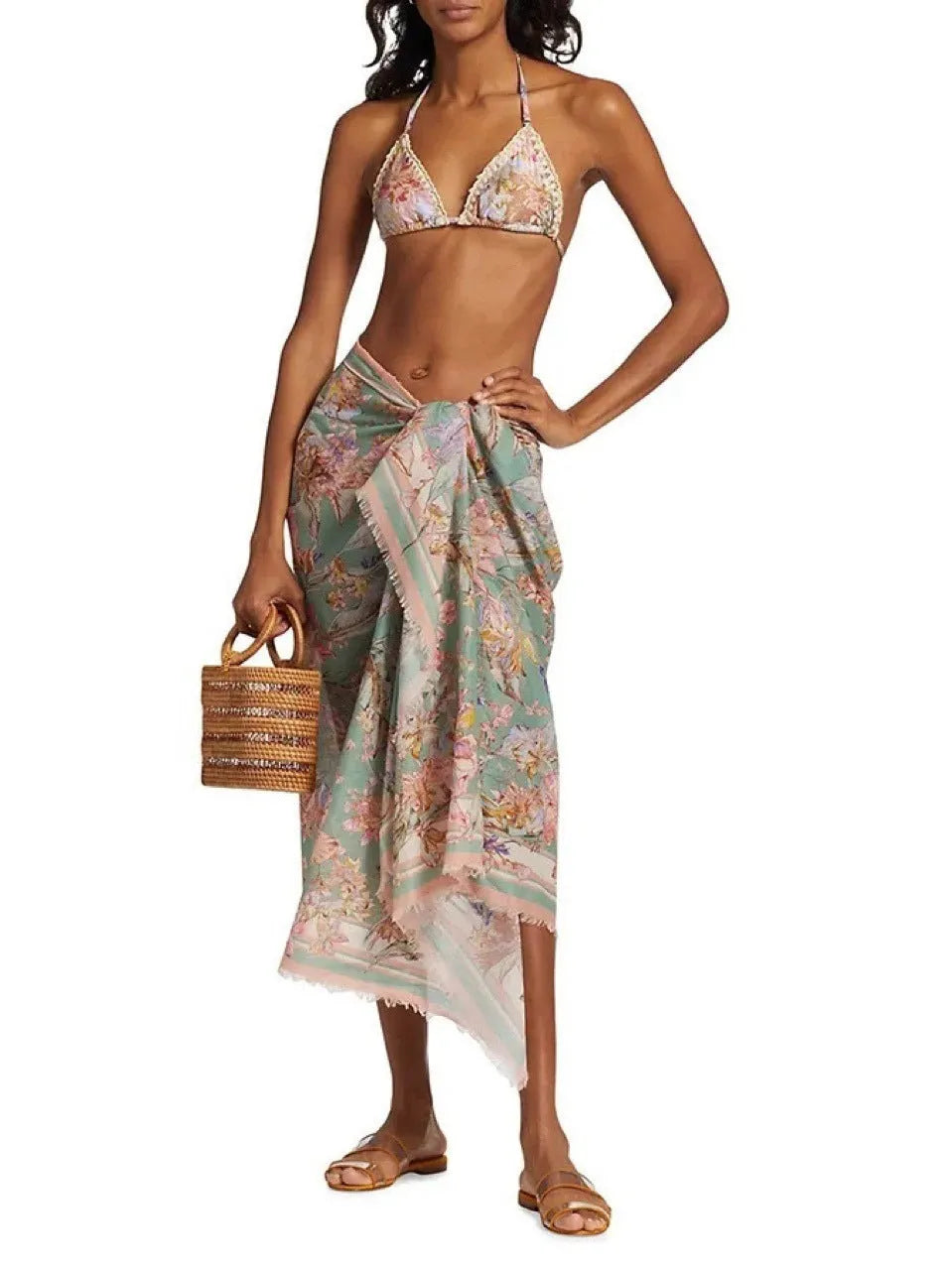Women's floral bikini swimsuit set with removable skirt in creamy-white beige colour