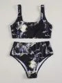 Women's marble tie-dye printed high waist bikini with U-neck design for swimming