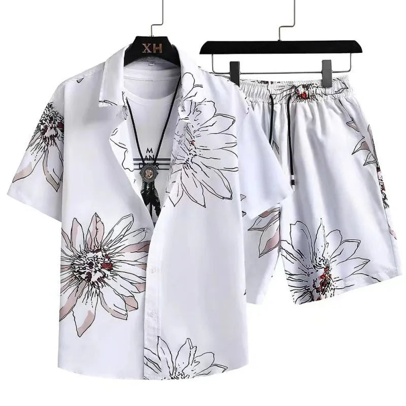 Men's short sleeve cardigan and shorts casual suit set with digital printing