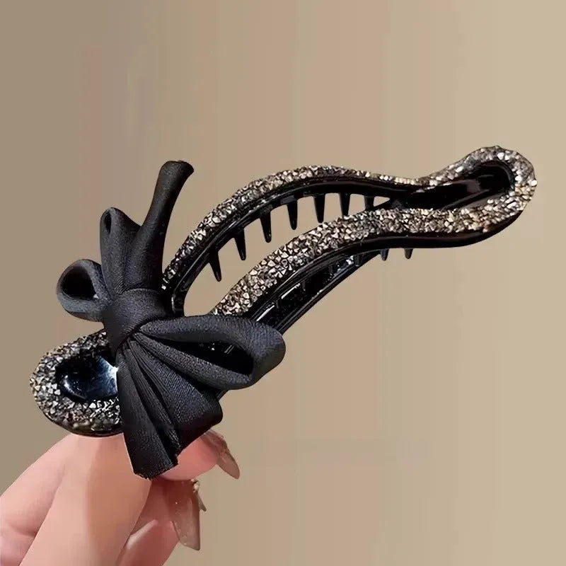 Black acrylic hair claw clip with crystal bow bobby pin back design 11.5cm total length for women