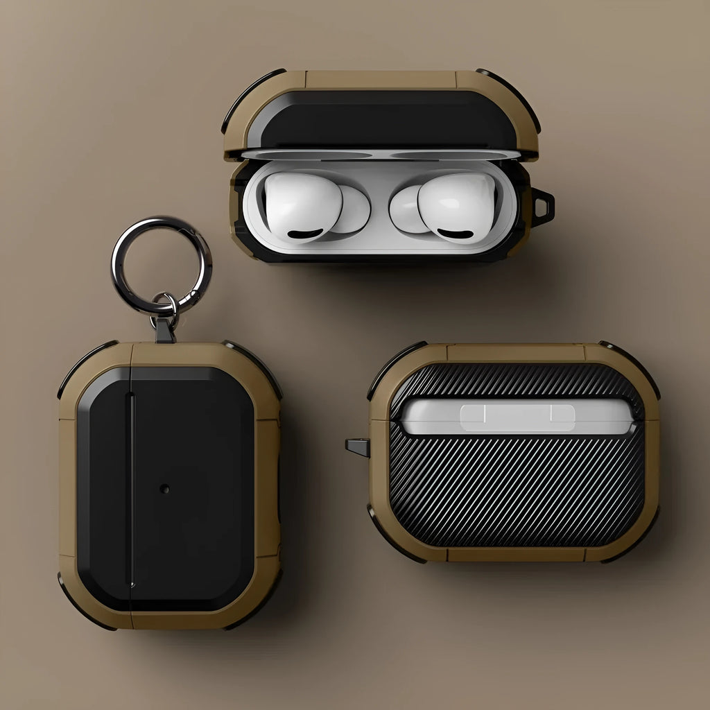 Black TPU and PC protective shell case for Apple AirPods 1, 2, and Pro charging case.