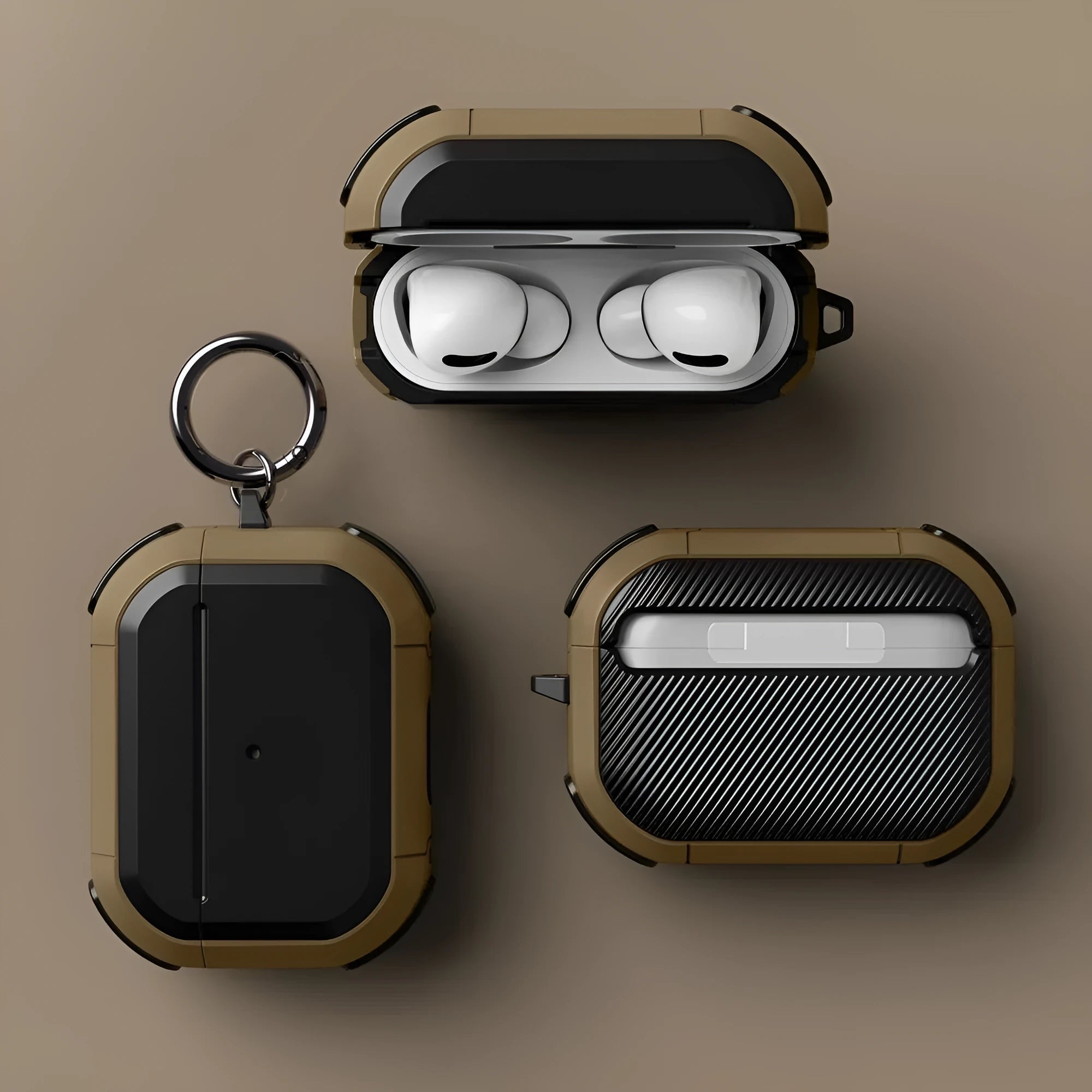 Black TPU and PC protective shell case for Apple AirPods 1, 2, and Pro charging case.
