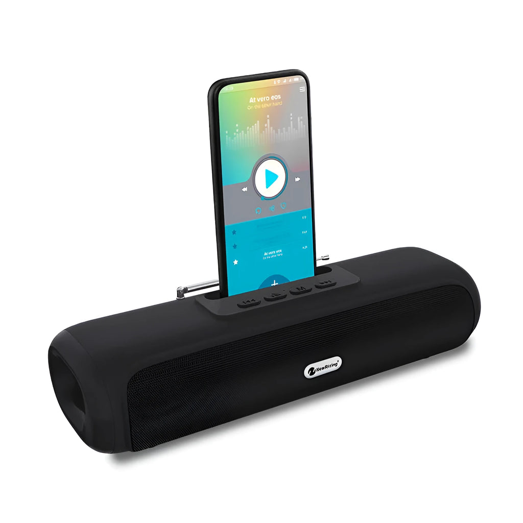 Long strip wireless desktop speaker in black on a desk