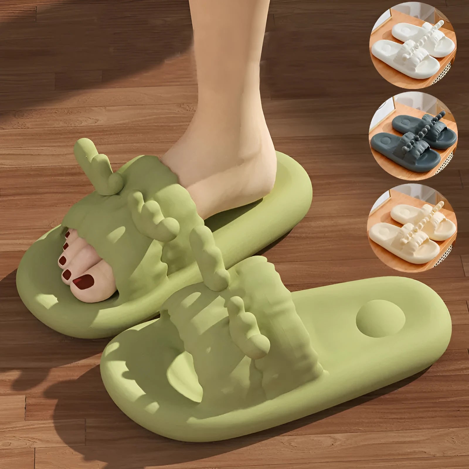 Light grey EVA flip flop slippers with a deer horn design and hollow out pattern on the upper.