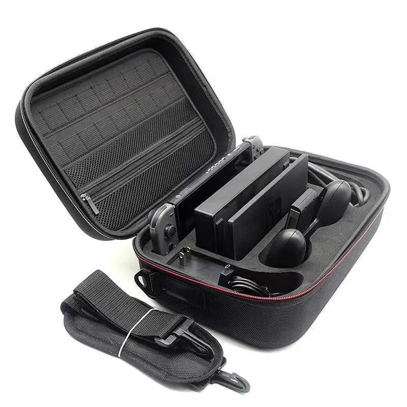 Black EVA hard-shell storage bag for game console accessories with organisational compartments