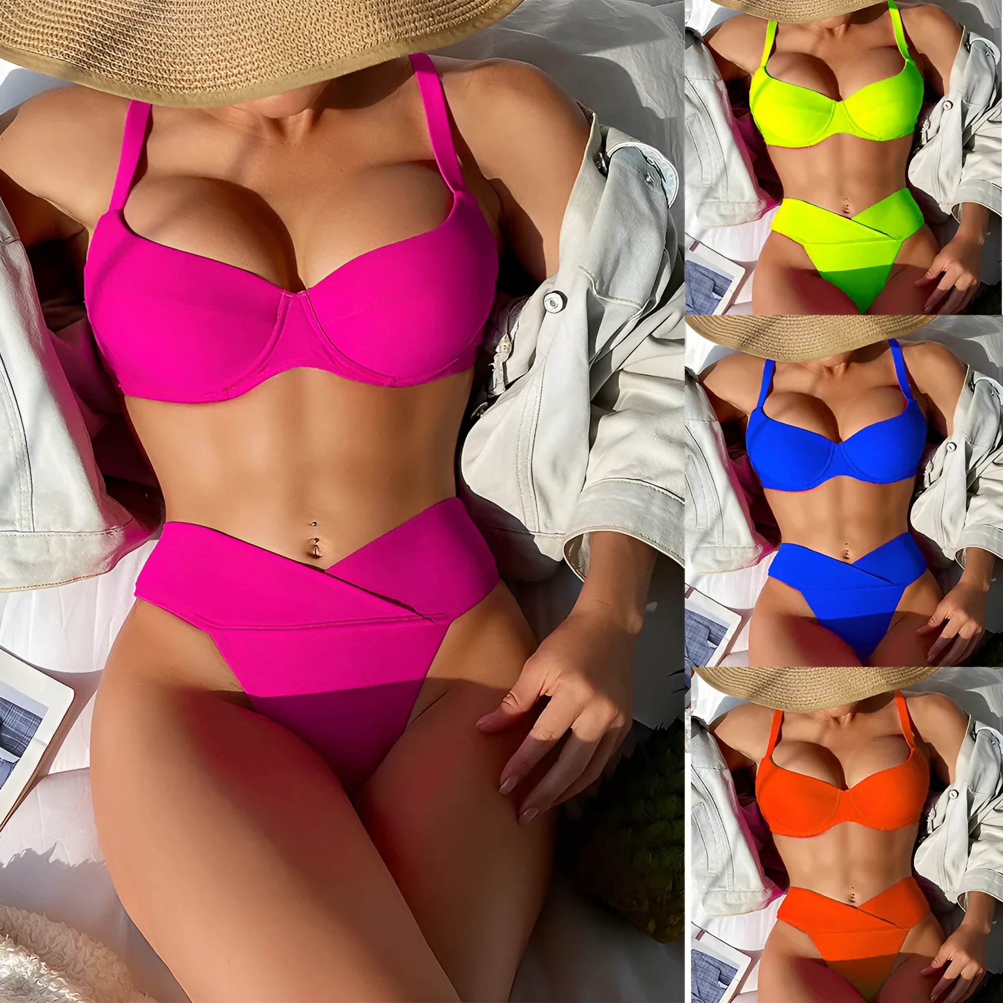 Fluorescent colour bikini swimsuit set with bra and briefs on a white background.