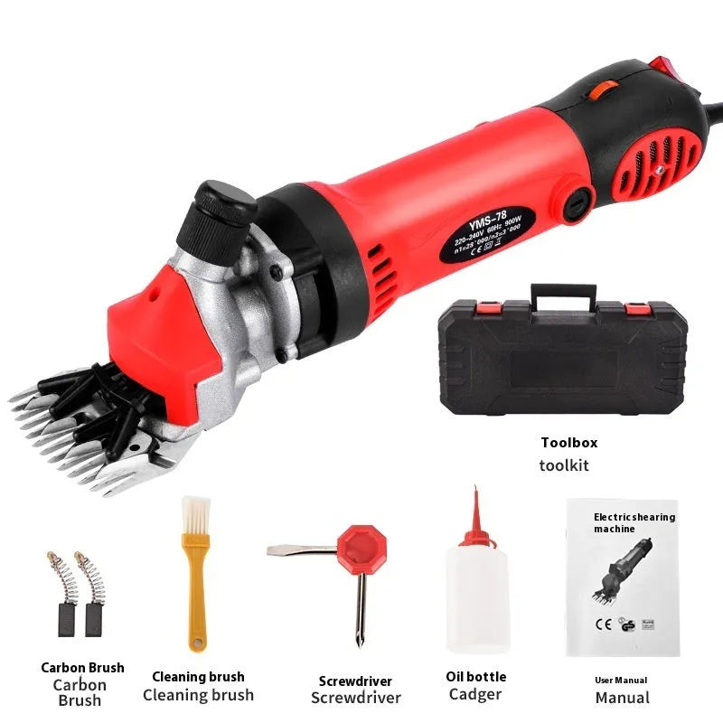 Yellow electric wool shearing machine with 110V plug and multiple blade sets in plastic storage case