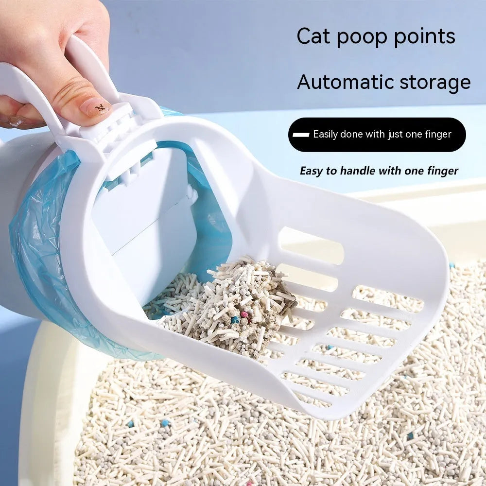 Grey cat litter scoop with waste collection bin showing foldable bottom design