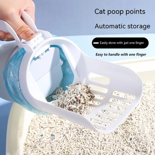 Grey cat litter scoop with waste collection bin showing foldable bottom design
