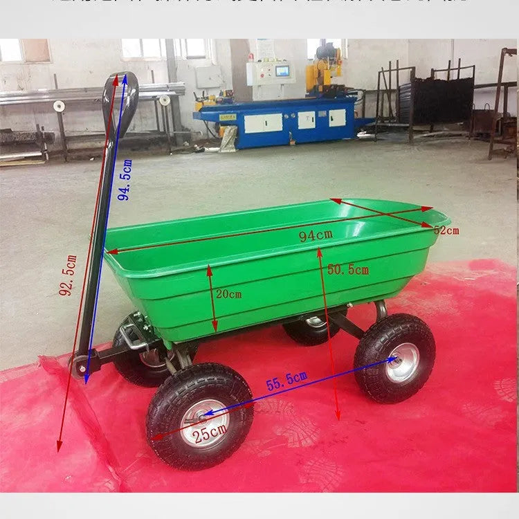 Green four-wheel plastic dump truck for agricultural tools with steel frame
