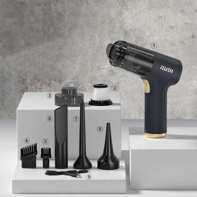Black wireless car vacuum cleaner with accessories including brush heads and nozzles for vehicle interior cleaning