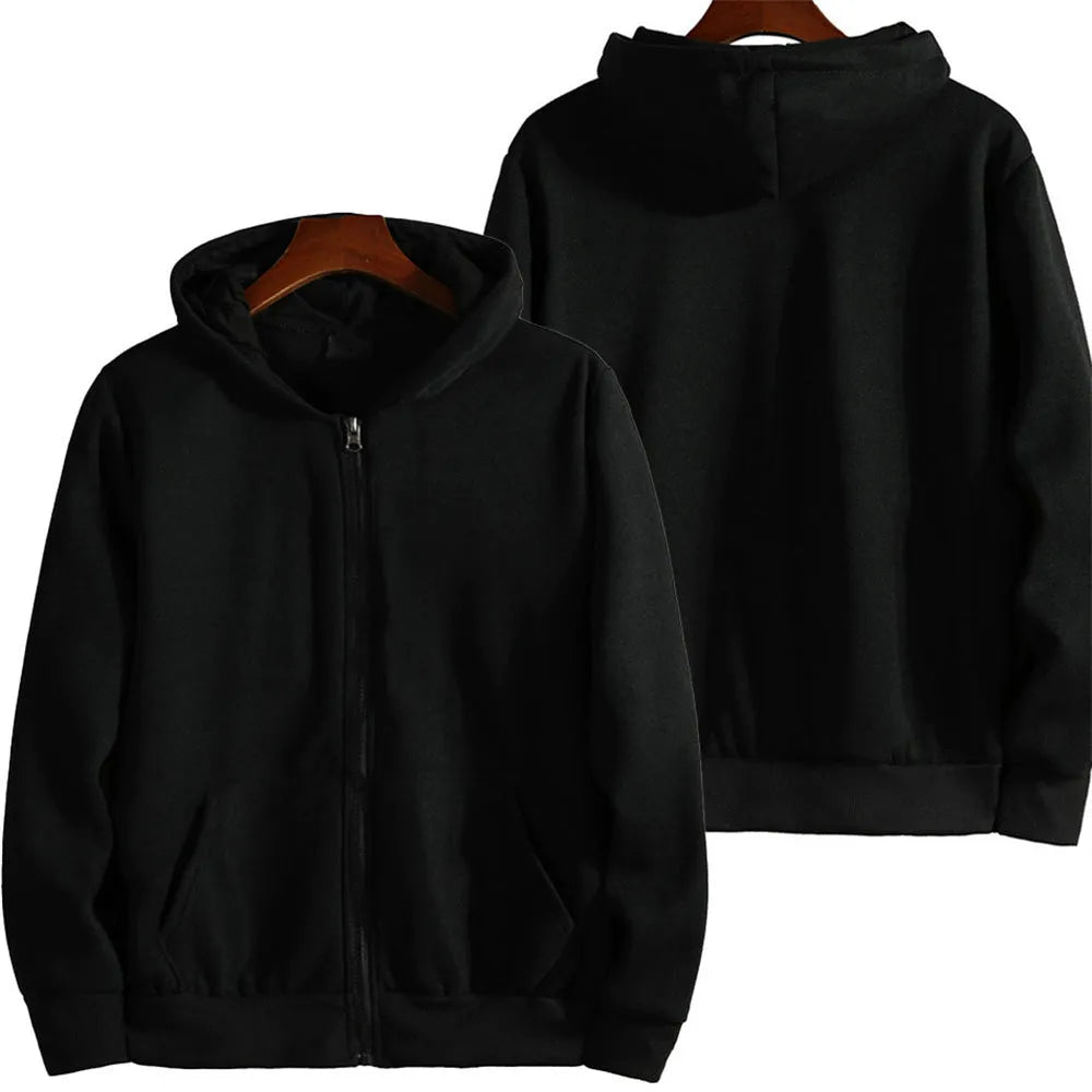 Men's solid colour loose fit zip-front sports jacket on a hanger.