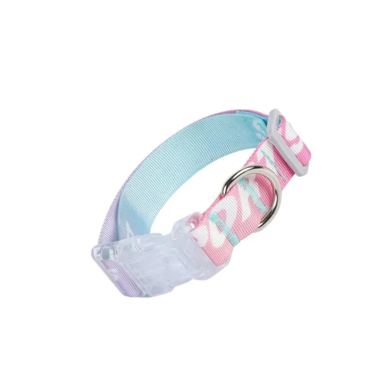 Adjustable nylon dog collar with cartoon gradient print and plastic buckle on a white background.