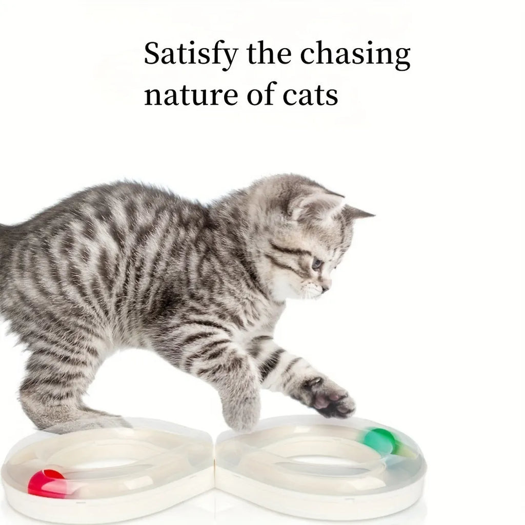 Blue and white circular cat turntable track with four spinning balls and teasing stick for feline play