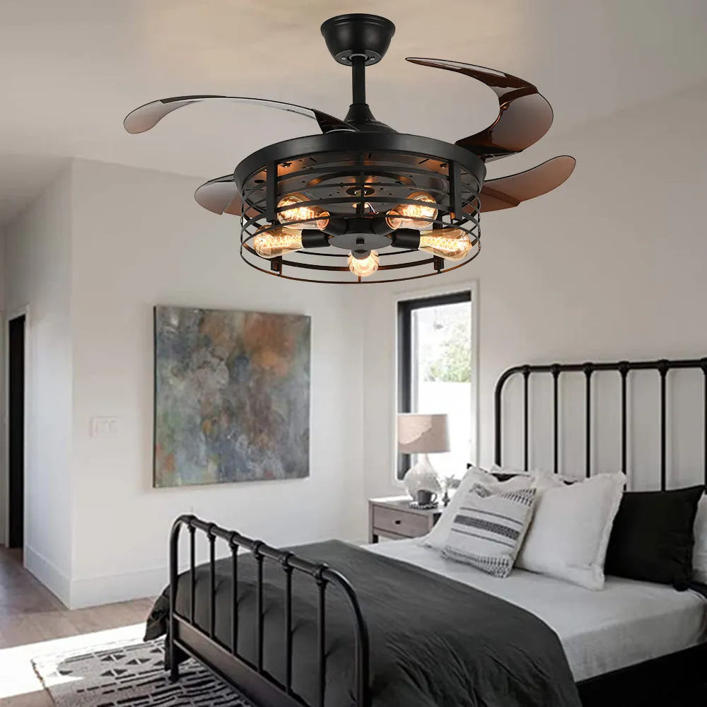 Industrial ceiling fan lamp with invisible blades and integrated light, American retro style