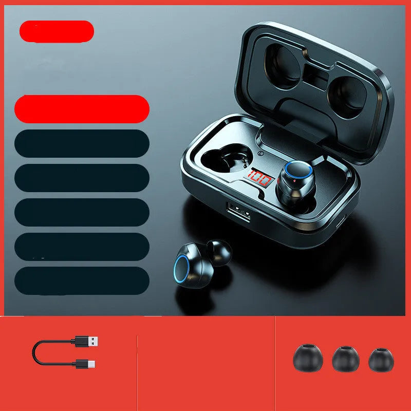 Black wireless in-ear headphones with Bluetooth 5.0 shown from the side.