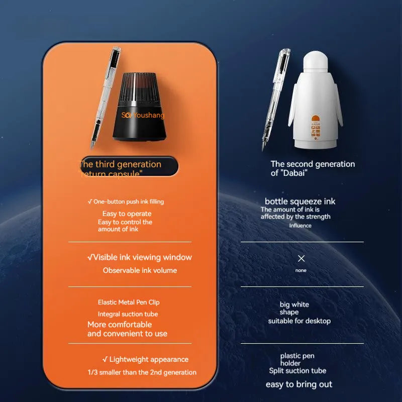 Automatic suction pen set with plastic body, two metal tip options, and a separate 40ml ink feeder tank.