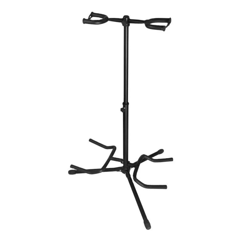Black iron vertical guitar stand with two heads holding an electric and acoustic guitar.