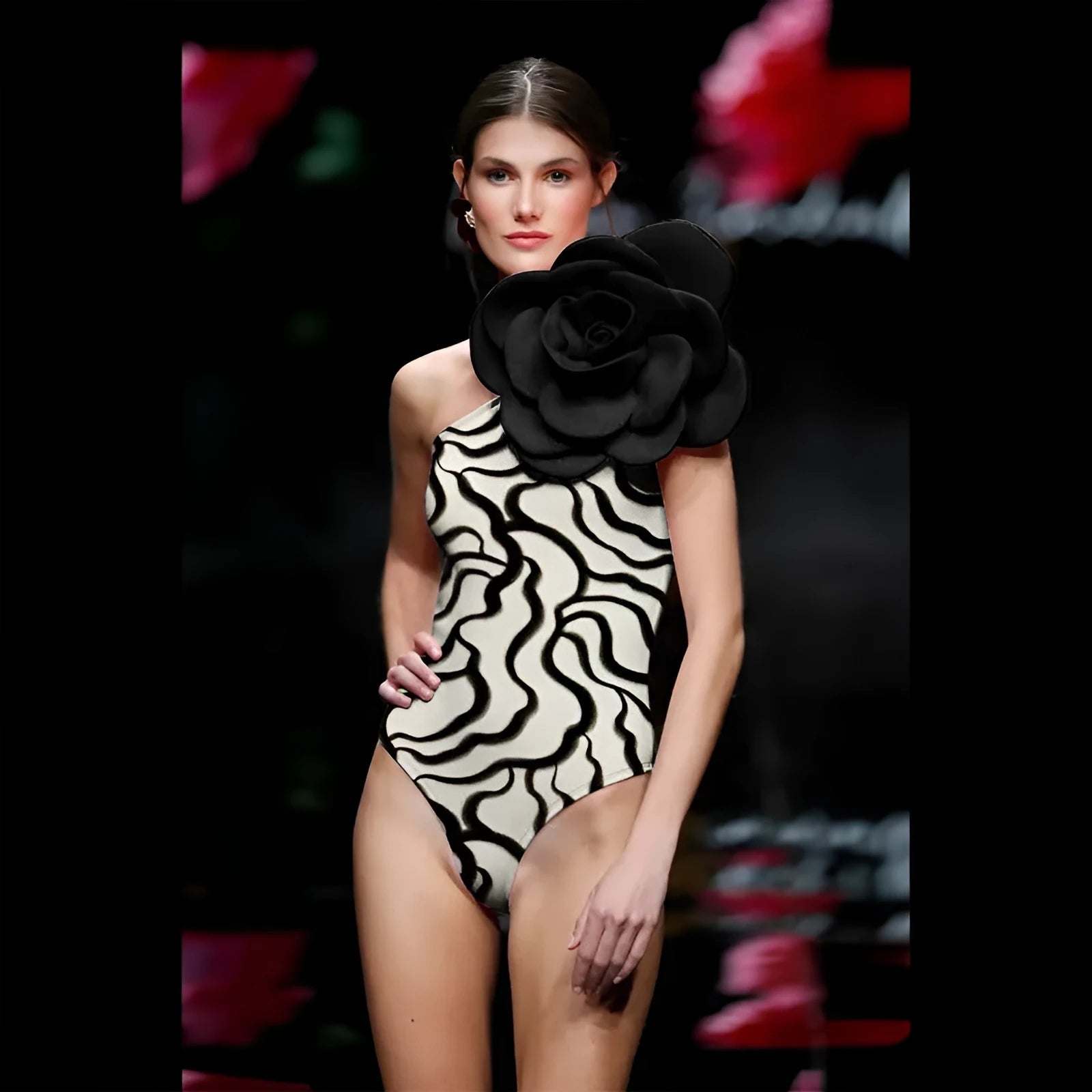 Women's one-piece swimsuit with three-dimensional floral embroidery in polyester fabric