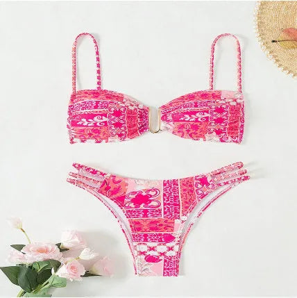 Women's floral bikini swimsuit with high-waisted briefs in blue, orange, pink, or rose red colours