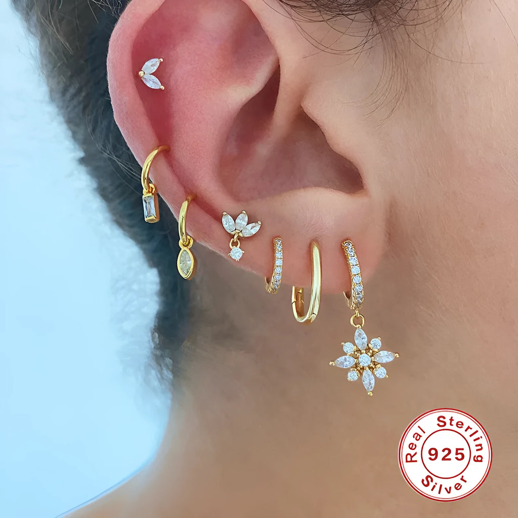 S925 sterling silver snowflake pendant earrings with geometric design in yellow gold or white gold colour finishes