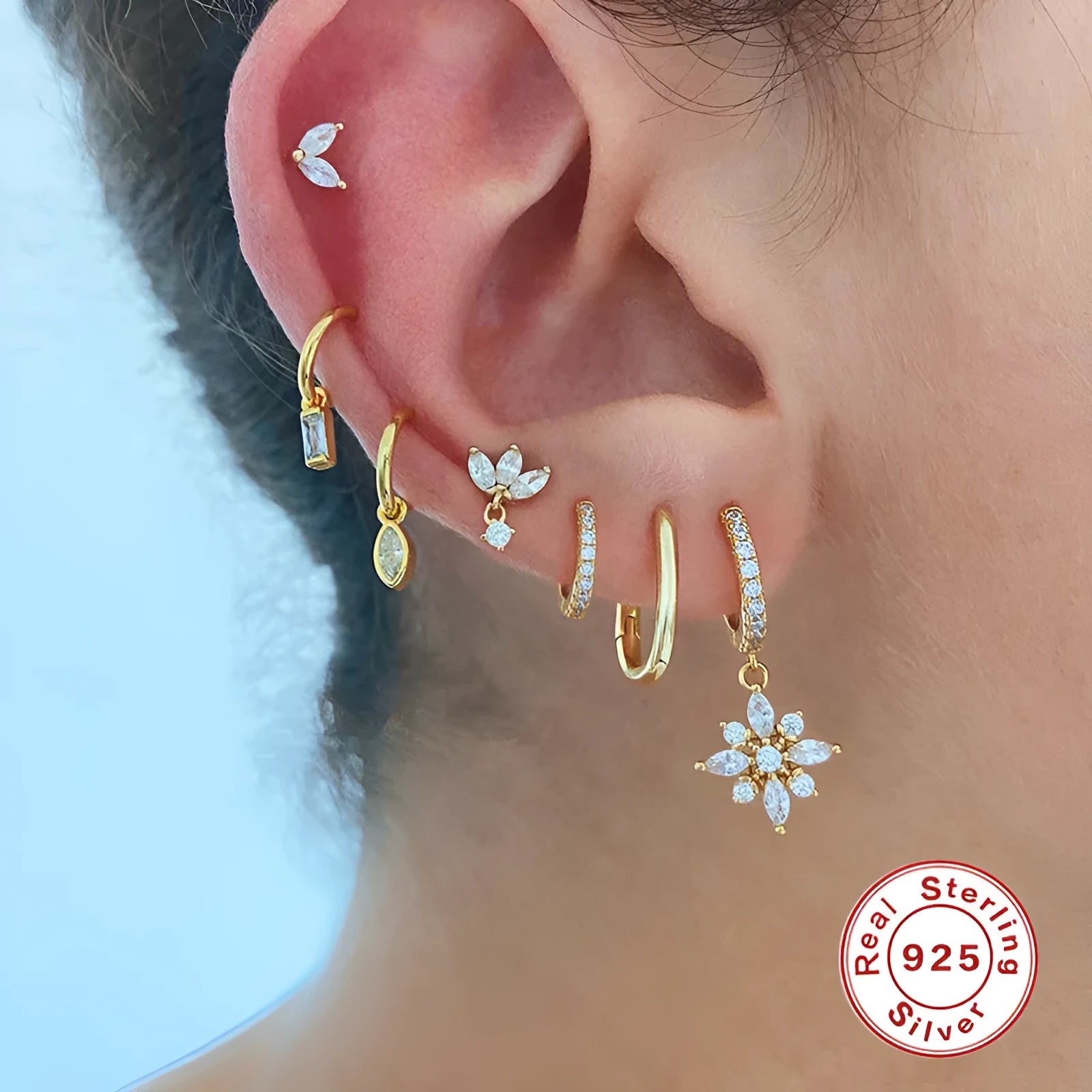 S925 sterling silver snowflake pendant earrings with geometric design in yellow gold or white gold colour finishes