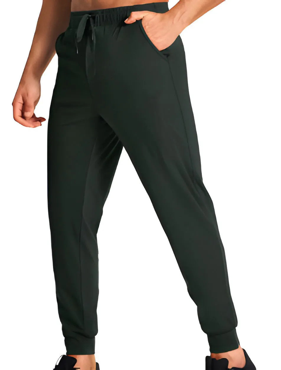 Men's loose-fit straight-leg casual trousers in a solid colour, made from polyester fabric.