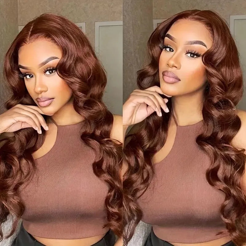 Dark brown long curly front lace wig with side bangs on a mannequin head.