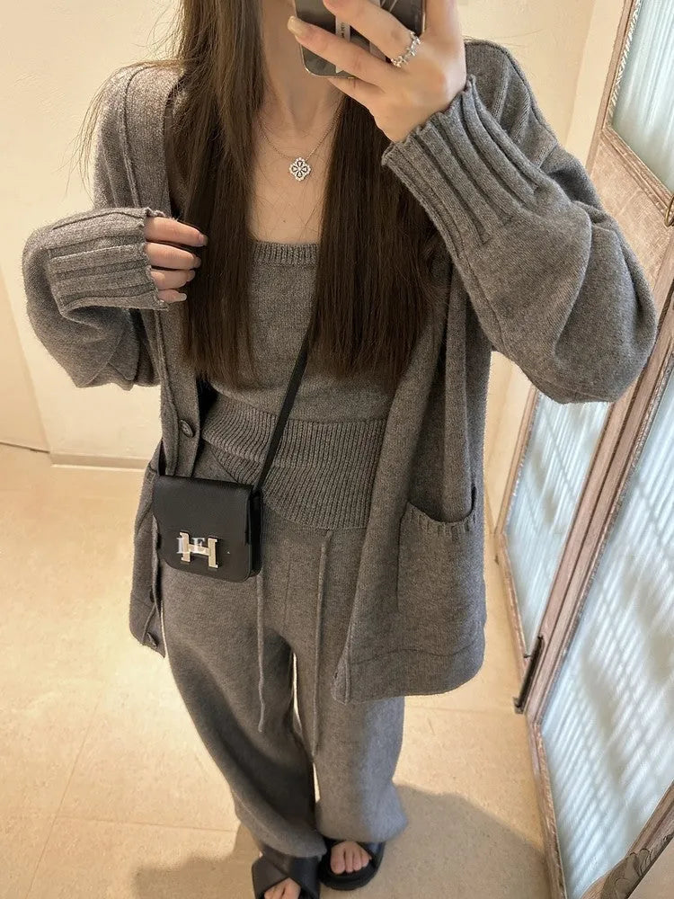 Women's knit cardigan suspender pants three-piece set in thick wool blend fabric