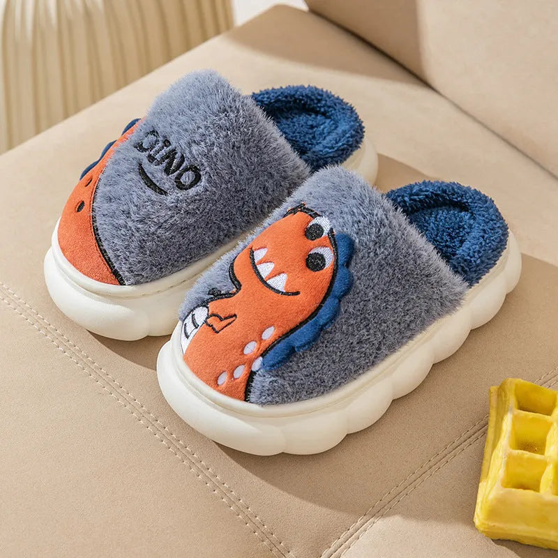 Cotton plush couple slippers with dinosaur designs in coffee, grey and orange yellow colours