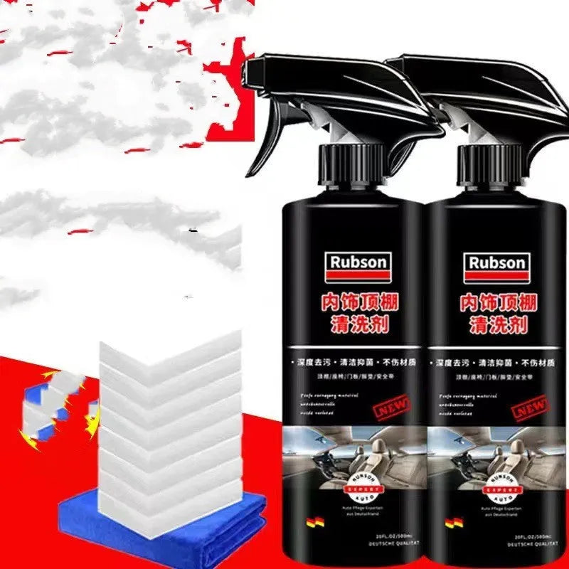 Wash free fabric roof foam cleaner kit with bottle, sponge wipes, and towel for interior vehicle ceiling cleaning